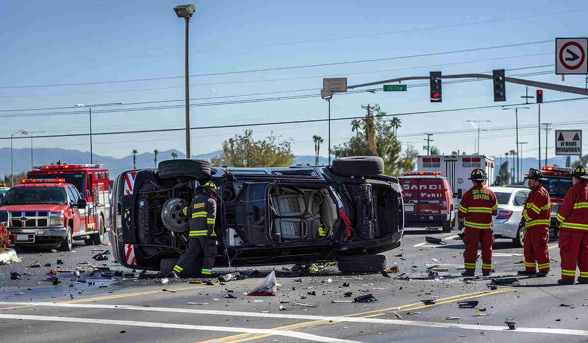 First responders at an intersection car accident scene featuring a rolled-over black SUV and fire trucks.
